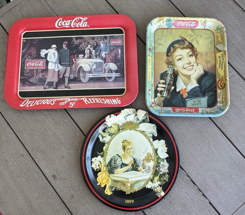 Vintage Coca Cola serving trays Lot Of 3 Metal Menu Girl Touring Car Hilda Clark